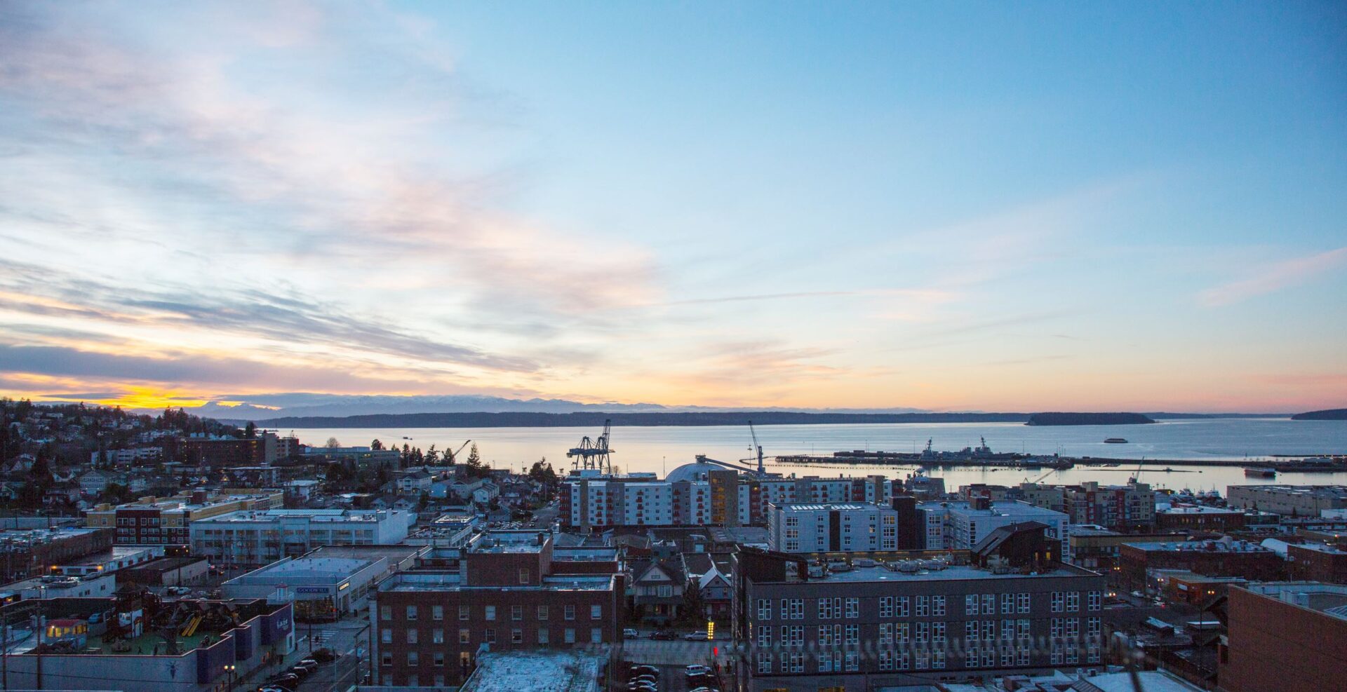 image of downtown everett at dusk looking towards the puget sound