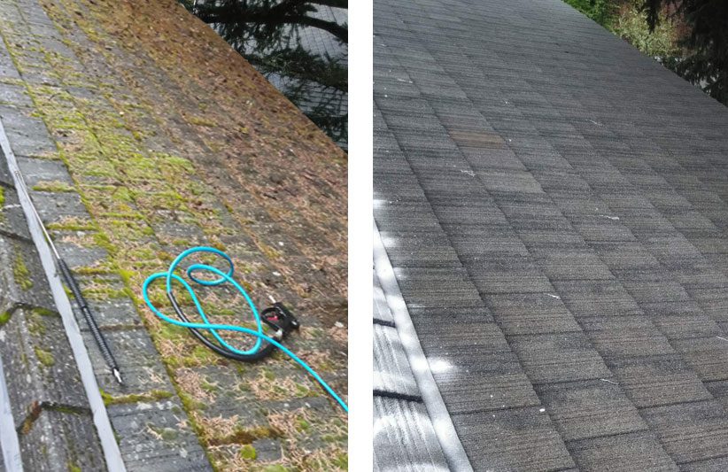 before and after roof cleaning on home in seattle
